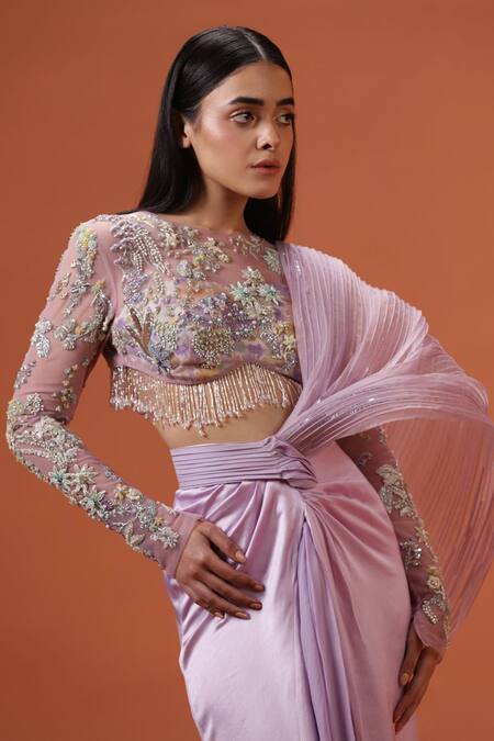 Buy_Taali_Purple Silk, Chiffon, Net Beads, Sequins, Hand Embellished Pre-draped Saree _Online_at_Aza_Fashions