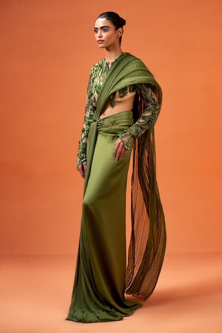 Taali_Green Silk, Organza Embroidery, Beads, Hand Embellished Pre-draped Saree Set _Online_at_Aza_Fashions