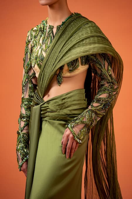 Buy_Taali_Green Silk, Organza Embroidery, Beads, Hand Embellished Pre-draped Saree Set _Online_at_Aza_Fashions