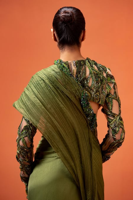 Shop_Taali_Green Silk, Organza Embroidery, Beads, Hand Embellished Pre-draped Saree Set _Online_at_Aza_Fashions