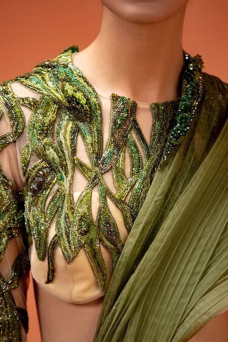 Taali_Green Silk, Organza Embroidery, Beads, Hand Embellished Pre-draped Saree Set _at_Aza_Fashions