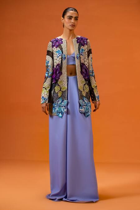 Taali_Multi Color Net, Silk Beads, Sequins Open Neck, Hand Embellished Jacket Set _Online_at_Aza_Fashions