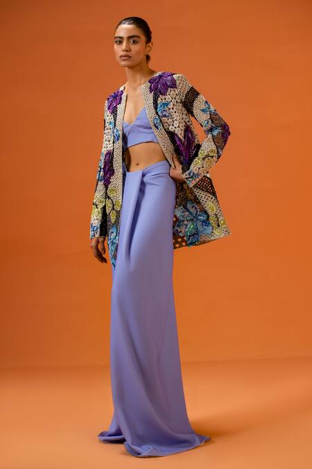 Buy_Taali_Multi Color Net, Silk Beads, Sequins Open Neck, Hand Embellished Jacket Set _Online_at_Aza_Fashions