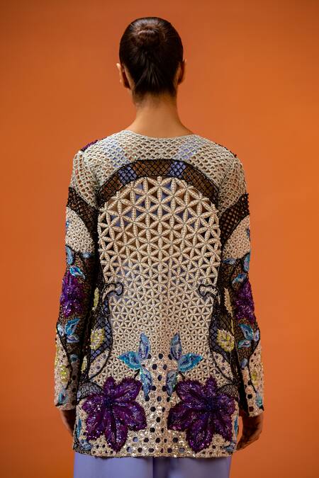 Shop_Taali_Multi Color Net, Silk Beads, Sequins Open Neck, Hand Embellished Jacket Set _Online_at_Aza_Fashions