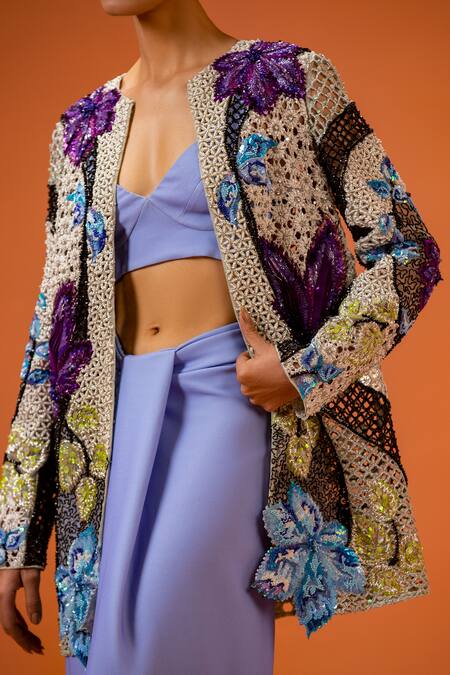 Taali_Multi Color Net, Silk Beads, Sequins Open Neck, Hand Embellished Jacket Set _at_Aza_Fashions