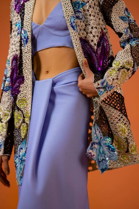 Buy_Taali_Multi Color Net, Silk Beads, Sequins Open Neck, Hand Embellished Jacket Set 