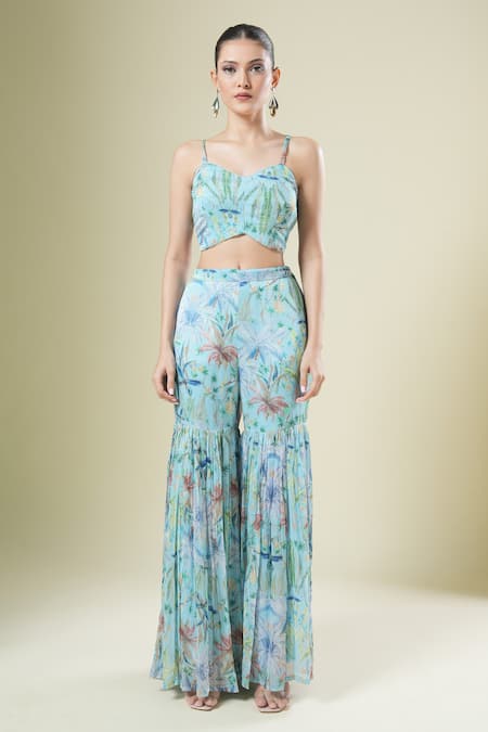 Samyukta Singhania_Blue Chiffon, Georgette Embroidery Round , Open Cape Gharara Set _Online_at_Aza_Fashions