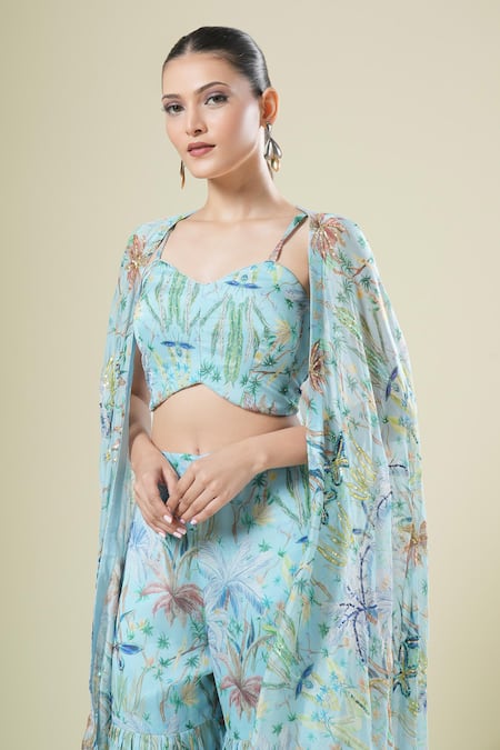 Shop_Samyukta Singhania_Blue Chiffon, Georgette Embroidery Round , Open Cape Gharara Set _Online_at_Aza_Fashions