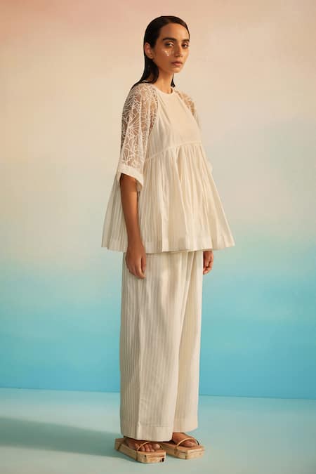 Buy_Ahmev_Ivory Chanderi, Organza, Cotton Embroidery Round Neck Top And Pant Set 