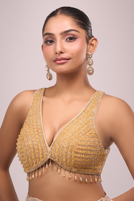 Samyukta Singhania_Gold Silk Crystals V-neck Padded Embellished Blouse _Online_at_Aza_Fashions