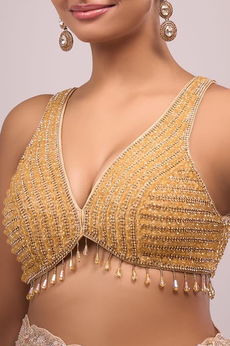 Buy_Samyukta Singhania_Gold Silk Crystals V-neck Padded Embellished Blouse _Online_at_Aza_Fashions