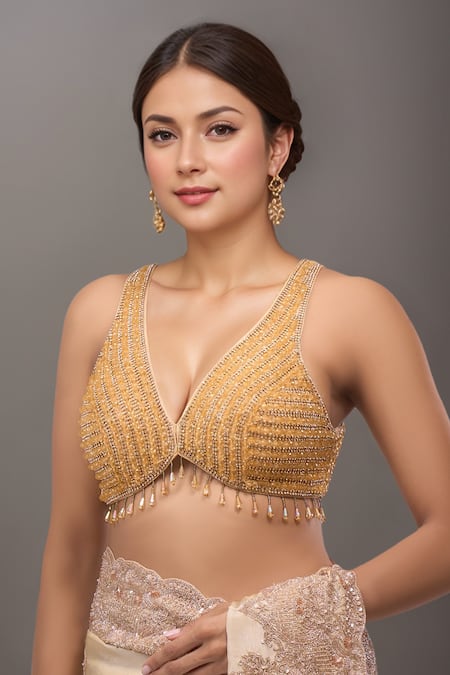 Shop_Samyukta Singhania_Gold Silk Crystals V-neck Padded Embellished Blouse _Online_at_Aza_Fashions