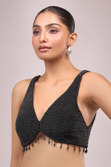 Samyukta Singhania_Black Silk Beads, Pearls V-neck Beaded Padded Blouse _Online_at_Aza_Fashions