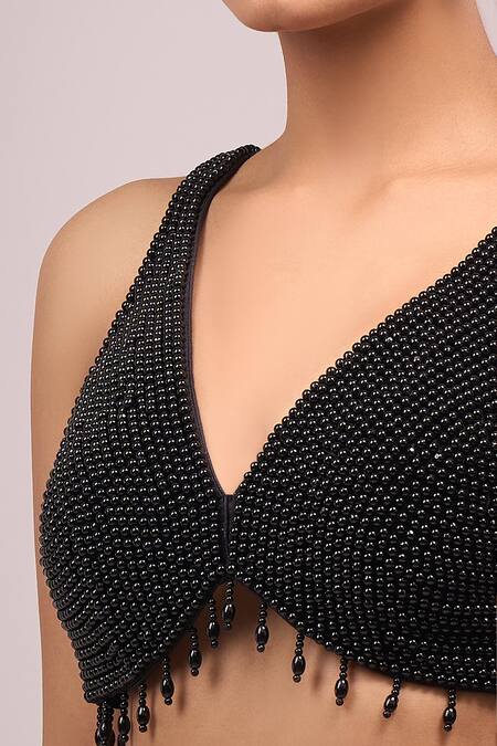 Buy_Samyukta Singhania_Black Silk Beads, Pearls V-neck Beaded Padded Blouse _Online_at_Aza_Fashions