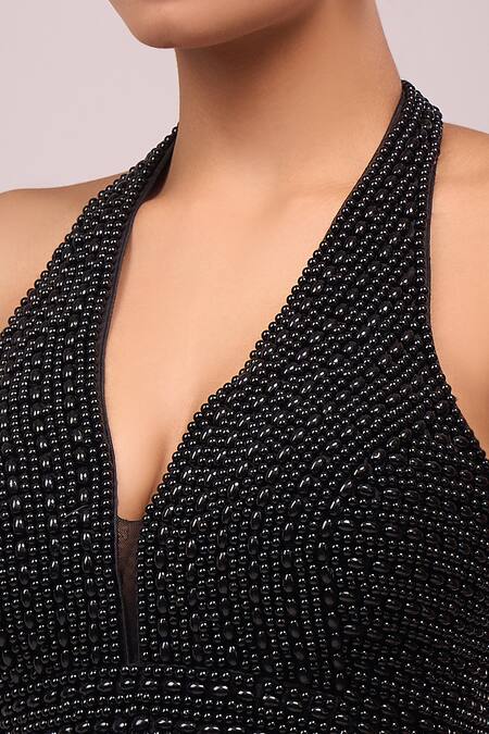 Samyukta Singhania Black Silk Pearls Halter Neck Embroidered Padded Blouse Online at Aza Fashions Samyukta Singhania_Black Silk Pearls Halter Neck Embroidered Padded Blouse _Online_at_Aza_Fashions