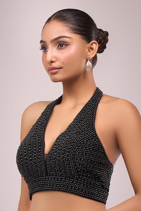 Buy Samyukta Singhania Black Silk Pearls Halter Neck Embroidered Padded Blouse Online at Aza Fashions Buy_Samyukta Singhania_Black Silk Pearls Halter Neck Embroidered Padded Blouse _Online_at_Aza_Fashions