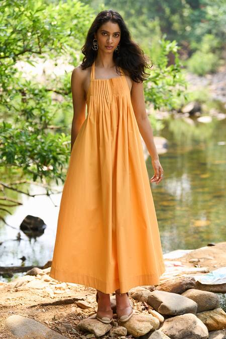 Dash And Dot_Yellow Cotton Halter Neck, Square Collar Honey Organic Dress _Online_at_Aza_Fashions