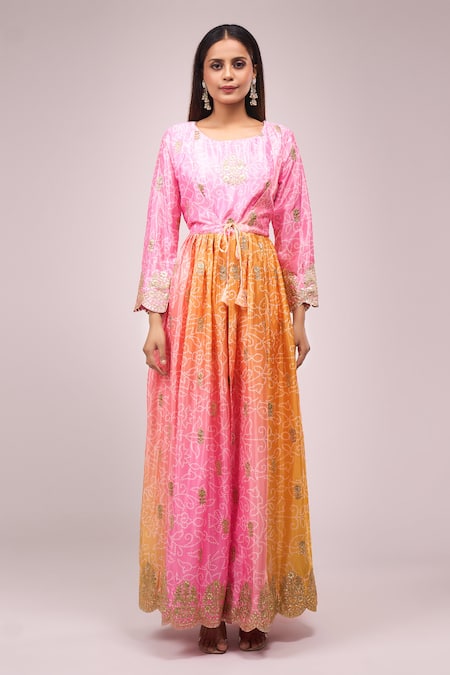 Buy_Samyukta Singhania_Multi Color Chinon, Silk Embroidery, Sequins Round Neck Hand Anarkali Set _Online_at_Aza_Fashions