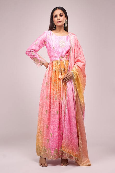 Shop_Samyukta Singhania_Multi Color Chinon, Silk Embroidery, Sequins Round Neck Hand Anarkali Set _Online_at_Aza_Fashions
