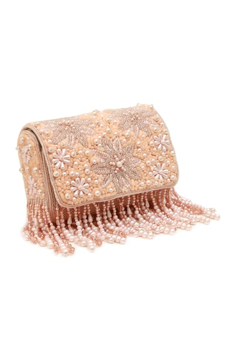 The Tan Clan_Peach Beads, Sequins Fiona Flap Over Clutch Bag _Online_at_Aza_Fashions