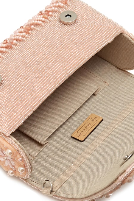 Buy_The Tan Clan_Peach Beads, Sequins Fiona Flap Over Clutch Bag _Online_at_Aza_Fashions