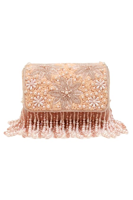 Shop_The Tan Clan_Peach Beads, Sequins Fiona Flap Over Clutch Bag _Online_at_Aza_Fashions