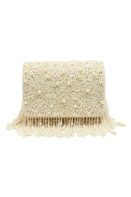 Buy_The Tan Clan_White Pearls Fiona Flap Over Clutch Bag _Online_at_Aza_Fashions