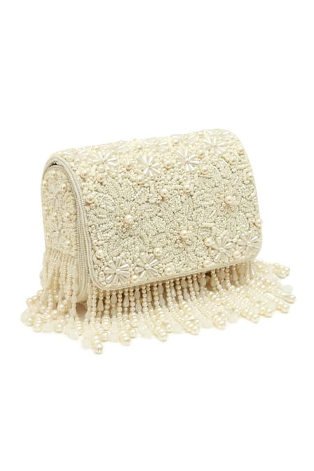 Shop_The Tan Clan_White Pearls Fiona Flap Over Clutch Bag _Online_at_Aza_Fashions