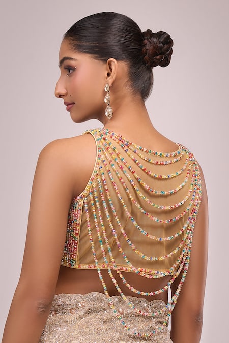 Shop Samyukta Singhania Multi Color Silk Beads V-neck Multicolor Crystal Blouse at Aza Fashions Shop_Samyukta Singhania_Multi Color Silk Beads V-neck Multicolor Crystal Blouse _at_Aza_Fashions
