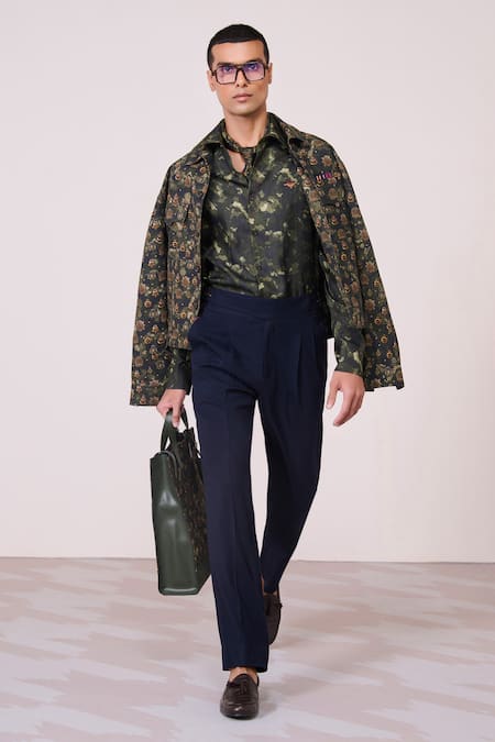 S&N By Shantnu Nikhil Green Silk, Twill Embroidery Camo Printed Shirt 