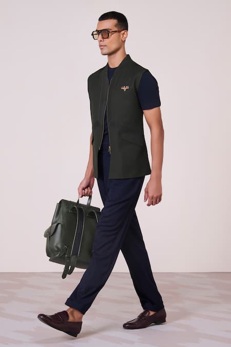 S&N By Shantnu Nikhil_Olive Green Rayon, Spandex, Tencel Machine Embroidered Waistcoat_Online_at_Aza_Fashions