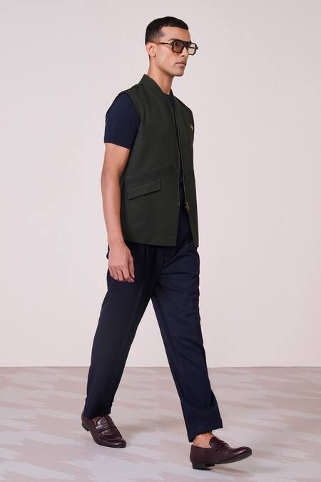 Buy_S&N By Shantnu Nikhil_Olive Green Rayon, Spandex, Tencel Machine Embroidered Waistcoat_Online_at_Aza_Fashions