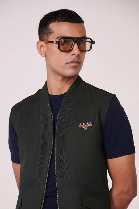Shop_S&N By Shantnu Nikhil_Olive Green Rayon, Spandex, Tencel Machine Embroidered Waistcoat_Online_at_Aza_Fashions