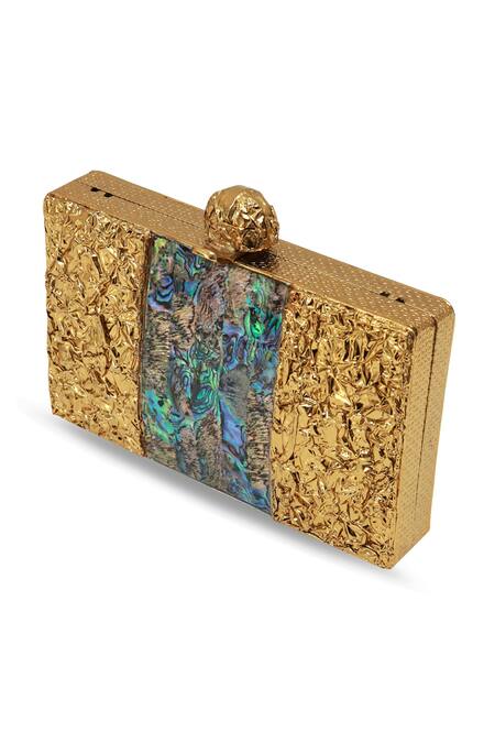 The Tan Clan_Gold Riddhi Brass Clutch _Online_at_Aza_Fashions