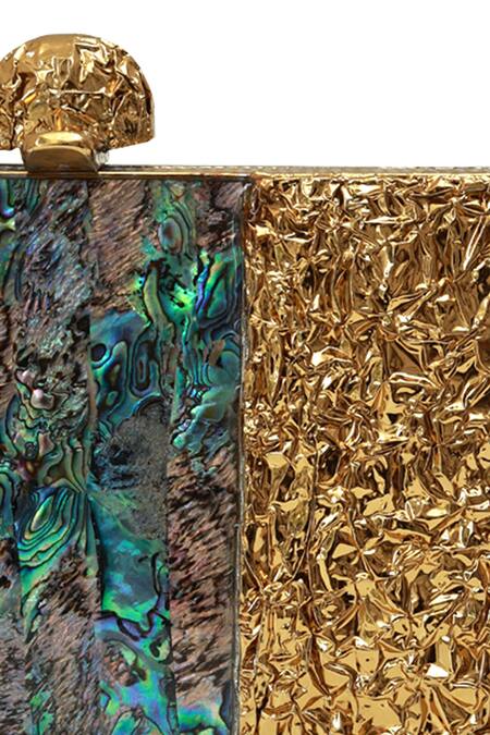 The Tan Clan_Gold Riddhi Brass Clutch _at_Aza_Fashions