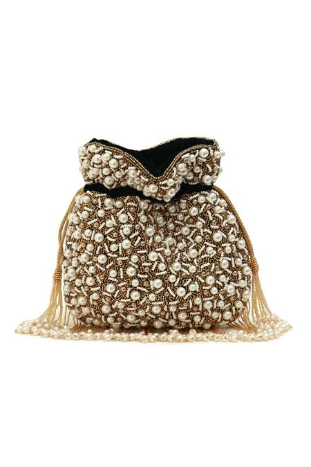 The Tan Clan_Black Pearls, Zari Rimsha Potli Bag With Tassels_Online_at_Aza_Fashions