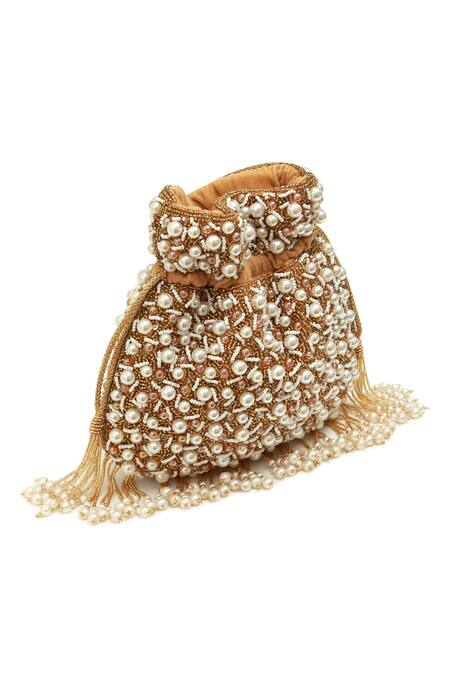 The Tan Clan Gold Pearls Rimsha Potli Bag With Tassels Online at Aza Fashions The Tan Clan_Gold Pearls Rimsha Potli Bag With Tassels _Online_at_Aza_Fashions