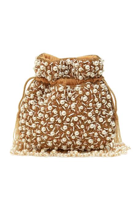 Shop_The Tan Clan_Gold Pearls Rimsha Potli Bag With Tassels _Online_at_Aza_Fashions