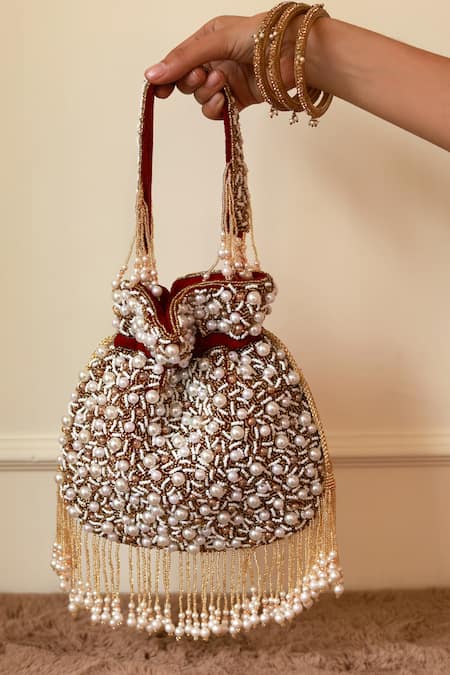 The Tan Clan Red Pearls Rimsha Potli Bag With Tassels 