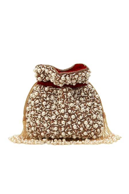 Shop The Tan Clan Red Pearls Rimsha Potli Bag With Tassels at Aza Fashions Shop_The Tan Clan_Red Pearls Rimsha Potli Bag With Tassels _at_Aza_Fashions