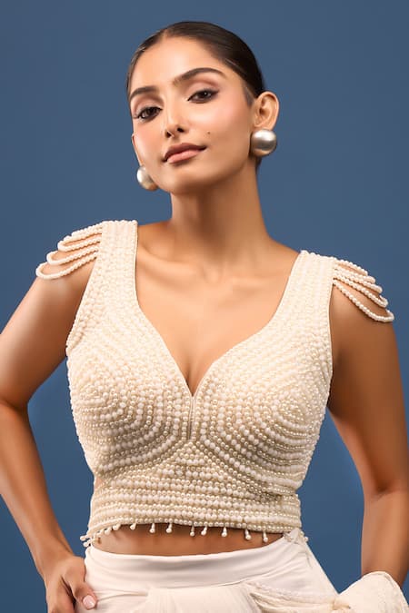 Samyukta Singhania White Silk Beads, Pearls V-neck Padded Embroidered Blouse Online at Aza Fashions Samyukta Singhania_White Silk Beads, Pearls V-neck Padded Embroidered Blouse _Online_at_Aza_Fashions
