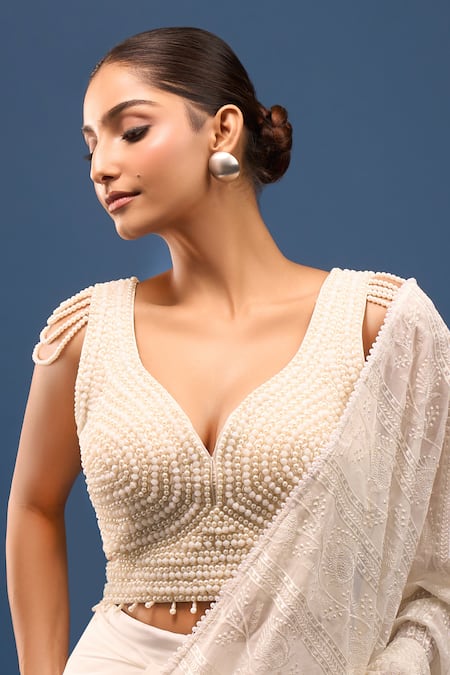 Buy Samyukta Singhania White Silk Beads, Pearls V-neck Padded Embroidered Blouse Online at Aza Fashions Buy_Samyukta Singhania_White Silk Beads, Pearls V-neck Padded Embroidered Blouse _Online_at_Aza_Fashions