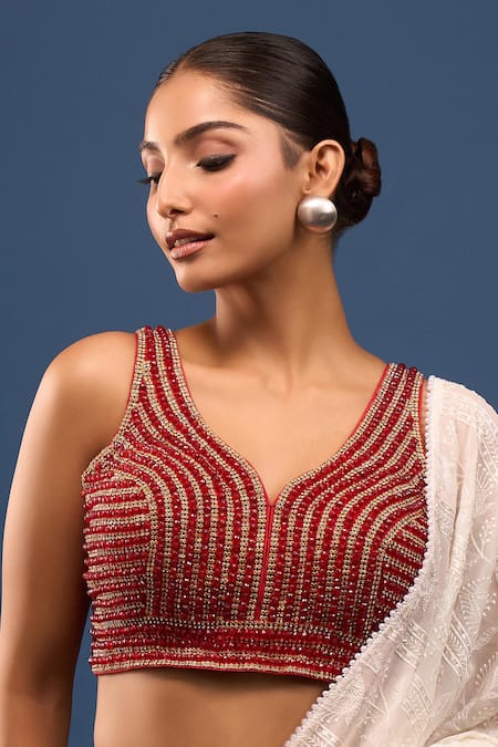 Samyukta Singhania_Red Silk Beads V-neck Embellished Padded Blouse _Online_at_Aza_Fashions