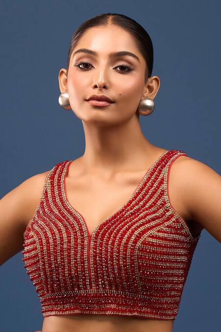 Buy_Samyukta Singhania_Red Silk Beads V-neck Embellished Padded Blouse _Online_at_Aza_Fashions