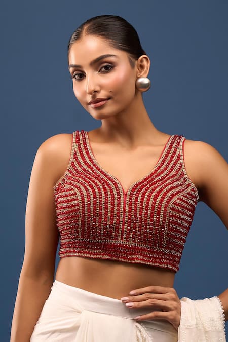 Shop_Samyukta Singhania_Red Silk Beads V-neck Embellished Padded Blouse _Online_at_Aza_Fashions