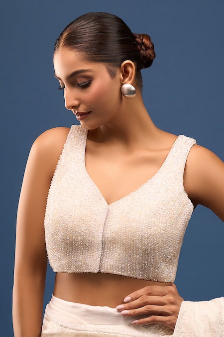 Samyukta Singhania_White Silk Pearls V-neck Padded Crystal Embroidered Blouse _Online_at_Aza_Fashions