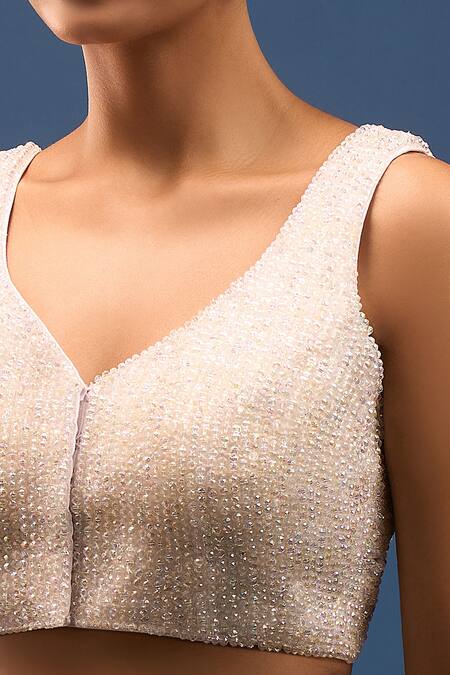 Buy_Samyukta Singhania_White Silk Pearls V-neck Padded Crystal Embroidered Blouse _Online_at_Aza_Fashions