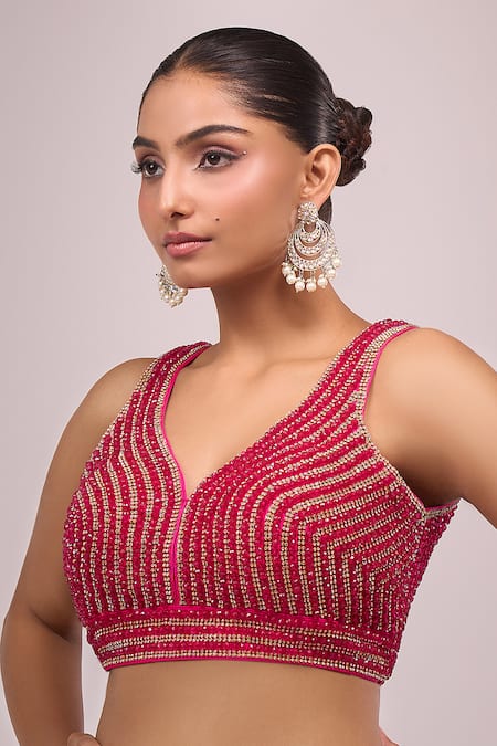 Samyukta Singhania Pink Silk Crystals, Pearls V-neck Padded Hand Embroidered Blouse Online at Aza Fashions Samyukta Singhania_Pink Silk Crystals, Pearls V-neck Padded Hand Embroidered Blouse _Online_at_Aza_Fashions