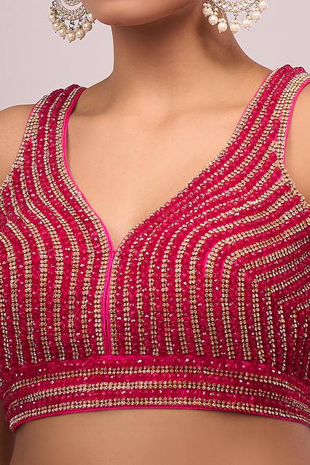 Buy Samyukta Singhania Pink Silk Crystals, Pearls V-neck Padded Hand Embroidered Blouse Online at Aza Fashions Buy_Samyukta Singhania_Pink Silk Crystals, Pearls V-neck Padded Hand Embroidered Blouse _Online_at_Aza_Fashions