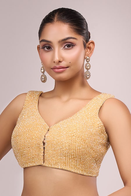 Samyukta Singhania Gold Silk Crystals Round Neck Padded Hand Embroidered Blouse Online at Aza Fashions Samyukta Singhania_Gold Silk Crystals Round Neck Padded Hand Embroidered Blouse _Online_at_Aza_Fashions